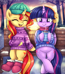 Size: 1300x1500 | Tagged: safe, artist:tcn1205, imported from derpibooru, sunset shimmer, twilight sparkle, alicorn, pony, unicorn, bench, both cutie marks, clothes, coffee, cute, duo, earmuffs, eyes closed, female, happy, mare, open mouth, scarf, shimmerbetes, shoes, sitting, sitting lyra style, smiling, snow, sweater, tree, twiabetes, twilight sparkle (alicorn)