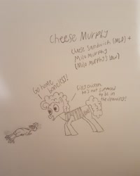 Size: 2988x3735 | Tagged: safe, imported from derpibooru, boneless, cheese sandwich, crossover, milo murphy, milo murphy's law, paper, pencil, pencil drawing, traditional art, voice actor joke, weird al yankovic