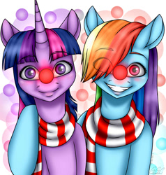 Size: 1040x1092 | Tagged: safe, artist:ggchristian, imported from derpibooru, rainbow dash, twilight sparkle, pegasus, pony, clothes, female, mare, nightmare fuel, red nose, scarf, unintentionally creepy