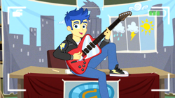 Size: 1920x1080 | Tagged: safe, imported from derpibooru, screencap, flash sentry, best trends forever, equestria girls, equestria girls series, clothes, converse, guitar, hoodie, male, pants, shoes, sneakers, solo