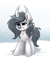 Size: 697x839 | Tagged: safe, artist:confetticakez, imported from derpibooru, oc, oc only, oc:raven sun, deer, deer pony, original species, pegasus, peryton, pony, reindeer, angry, antlers, clothes, costume, cute, female, mare, monochrome, ocbetes, sketch, snow, solo, winter
