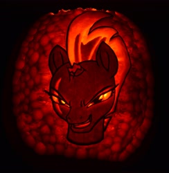 Size: 3337x3424 | Tagged: safe, artist:archiveit1, imported from derpibooru, tempest shadow, pony, unicorn, my little pony: the movie, broken horn, evil grin, female, grin, halloween, holiday, irl, jack-o-lantern, mare, photo, pumpkin, smiling, solo, traditional art