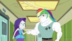 Size: 600x338 | Tagged: safe, imported from derpibooru, screencap, bulk biceps, captain planet, diamond tiara, paisley, rarity, sandalwood, silver spoon, starlight, starshine, sweet leaf, zephyr breeze, best trends forever, equestria girls, equestria girls series, animated, background human, best trends forever: rainbow dash, canterlot high, door, geode of shielding, gif, hallway, lockers, rainbow wig, rarity peplum dress, wig