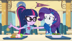 Size: 800x450 | Tagged: safe, imported from derpibooru, screencap, rarity, sci-twi, twilight sparkle, best trends forever, equestria girls, equestria girls series, :o, animated, apple, best trends forever: twilight sparkle, burger, cafeteria, choose twilight sparkle, cute, eyes closed, female, food, geode of shielding, geode of telekinesis, grin, hamburger, hug, magical geodes, nuzzling, open mouth, raribetes, rarity peplum dress, salad, shipping fuel, smiling, snuggling, squishy cheeks, twiabetes