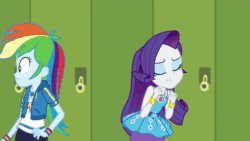 Size: 800x450 | Tagged: safe, imported from derpibooru, screencap, rainbow dash, rarity, best trends forever, equestria girls, equestria girls series, animated, best trends forever: rainbow dash, bump, converse, female, geode of shielding, geode of super speed, magical geodes, rarity peplum dress, screaming, shoes