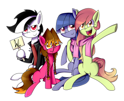 Size: 2470x2021 | Tagged: safe, artist:whitelie, imported from derpibooru, oc, oc only, oc:artline, oc:cosmia nebula, oc:lix, oc:white lie, earth pony, pony, 2018 community collab, derpibooru community collaboration, clothes, friendship, happy, scarf, shared clothing, shared scarf, side hug, sign, simple background, transparent background