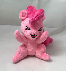 Size: 570x617 | Tagged: safe, artist:ketika, imported from derpibooru, pinkie pie, earth pony, pony, >:3, cute, diapinkes, emoji, female, happy, irl, mare, photo, plushie, sitting, solo, xd, yay