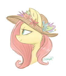 Size: 857x985 | Tagged: dead source, safe, artist:flourret, imported from derpibooru, fluttershy, pegasus, pony, bust, female, flower, hat, lidded eyes, mare, portrait, profile, simple background, smiling, solo, straw hat, white background