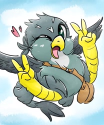 Size: 1707x2048 | Tagged: safe, artist:gamijack, imported from derpibooru, gabby, griffon, bag, cute, female, gabbybetes, gesture, heart, midair, one eye closed, open mouth, peace sign, solo, wink
