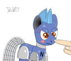 Size: 1500x1292 | Tagged: safe, artist:trackheadtherobopony, imported from derpibooru, oc, oc only, oc:gearbox, pony, robot, robot pony, annoyed, boop, cross-popping veins, finger, hand, noseboop, simple background, solo, transparent background