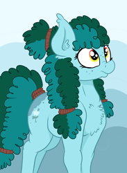 Size: 2633x3597 | Tagged: safe, artist:paskanaakka, derpibooru exclusive, imported from derpibooru, oc, oc only, oc:gleamblossom, earth pony, pony, abstract background, butt freckles, chest fluff, ear fluff, female, freckles, mare, nose wrinkle, solo, tail wrap