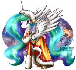 Size: 1300x1186 | Tagged: safe, artist:tiffanymarsou, imported from derpibooru, princess celestia, alicorn, pony, beautiful, cloak, clothed ponies, clothes, concave belly, dress, ethereal mane, ethereal tail, female, hat, horn, long mane, long tail, mare, simple background, slim, solo, spread wings, standing, sternocleidomastoid, tail, tall, thin, transparent background, wings, winter