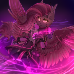 Size: 2500x2500 | Tagged: safe, artist:nightskrill, imported from derpibooru, oc, oc only, oc:shadowgale, hybrid, original species, clothes, crossover, overwatch, sombra (overwatch), wings