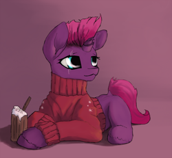 Size: 1800x1663 | Tagged: safe, artist:thelittlesnake, imported from derpibooru, fizzlepop berrytwist, tempest shadow, pony, my little pony: the movie, clothes, eggnog, eye scar, female, mare, prone, scar, solo, sweater