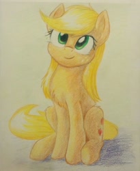 Size: 1570x1919 | Tagged: safe, artist:sokolas, imported from derpibooru, applejack, earth pony, pony, chest fluff, cute, female, jackabetes, loose hair, mare, sitting, smiling, traditional art