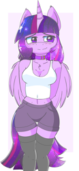 Size: 1414x3056 | Tagged: safe, artist:duop-qoub, artist:pastelhorses, imported from derpibooru, twilight sparkle, alicorn, anthro, arm behind back, belly button, breasts, cleavage, clothes, collaboration, collar, female, mare, midriff, shorts, simple background, smiling, stockings, tanktop, thigh highs, twilight sparkle (alicorn)