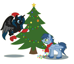 Size: 1380x1200 | Tagged: safe, artist:lieutenantkyohei, imported from derpibooru, oc, oc only, oc:honami, oc:kyohei, alicorn, bat pony, pony, alicorn oc, bat pony oc, christmas, christmas tree, clothes, female, hat, holiday, male, mare, mouth hold, santa hat, scarf, simple background, stallion, transparent background, tree, unshorn fetlocks