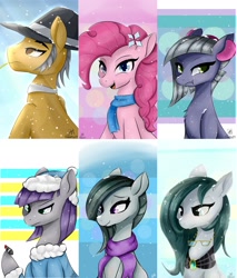 Size: 2024x2380 | Tagged: safe, artist:dashy21, imported from derpibooru, boulder (pet), cloudy quartz, igneous rock pie, limestone pie, marble pie, maud pie, pinkie pie, abstract background, boulder (g4), clothes, family, flower, flower in hair, glasses, glasses off, hat, pie family, scarf, snow, snowfall