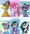 Size: 2024x2380 | Tagged: safe, artist:dashy21, imported from derpibooru, boulder (pet), cloudy quartz, igneous rock pie, limestone pie, marble pie, maud pie, pinkie pie, abstract background, boulder (g4), clothes, family, flower, flower in hair, glasses, glasses off, hat, pie family, scarf, snow, snowfall