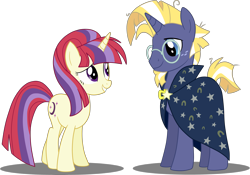 Size: 3606x2527 | Tagged: safe, artist:luckyclau, imported from derpibooru, moondancer, star tracker, pony, unicorn, alternate universe, cape, clothes, female, freckles, glasses, male, mare, moontracker, palette swap, race swap, recolor, shipping, simple background, stallion, transparent background