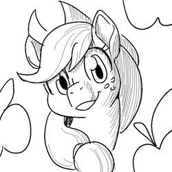 Size: 700x700 | Tagged: safe, artist:goat train, imported from derpibooru, applejack, earth pony, pony, bust, female, hat, mare, monochrome, simple background, sketch, smiling, solo, white background