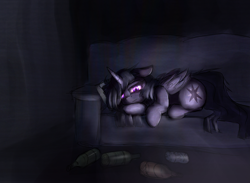 Size: 4339x3170 | Tagged: safe, artist:duop-qoub, imported from derpibooru, twilight sparkle, alicorn, pony, descended twilight, alcohol, alcoholism, bottle, can, couch, depressed, depression, female, lying, mare, sad, solo, twilight sparkle (alicorn)