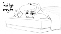 Size: 1094x616 | Tagged: safe, artist:anearbyanimal, imported from derpibooru, oc, oc only, oc:nurse bonesaw, bed, bedroom eyes, goodbye, laying on bed, lying, lying down, lying on bed