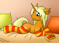 Size: 2085x1500 | Tagged: safe, artist:raktor, imported from derpibooru, oc, oc only, oc:dawnflash, pony, unicorn, chest fluff, clothes, ear fluff, male, pillow, pointy horn, prone, sharp horn, socks, solo, striped socks