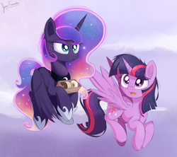 Size: 2160x1920 | Tagged: safe, artist:bugplayer, imported from derpibooru, princess luna, twilight sparkle, alicorn, pony, box, donut, envy, female, flying, food, greed, mare, open mouth, sky, twilight sparkle (alicorn)