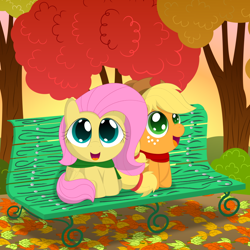 Size: 1500x1500 | Tagged: safe, artist:spellboundcanvas, imported from derpibooru, applejack, fluttershy, autumn, bench, clothes, hat, scarf, scarves, sunset, tree