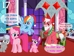 Size: 1024x768 | Tagged: safe, artist:bronybyexception, imported from derpibooru, big macintosh, chipcutter, copper top, lily longsocks, pinkie pie, rainbow dash, pony, advent calendar, christmas, colt, female, filly, holiday, male, mare, pinkamena diane pie, present, santa claus, santa hooves, stallion