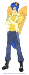 Size: 1188x2989 | Tagged: safe, artist:pyrus-leonidas, imported from derpibooru, flash sentry, human, equestria girls, clothes, crossed arms, eared humanization, humanized, male, pants, ponied up, shirt, simple background, smiling, solo, transparent background, winged humanization, wings