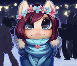 Size: 3000x2586 | Tagged: safe, artist:aphphphphp, imported from derpibooru, oc, oc only, oc:tulip, oc:tulip (pandorasia), pony, :i, clothes, commission, earmuffs, floral head wreath, flower, ice rink, ice skates, ice skating, scarf, solo focus, ych result