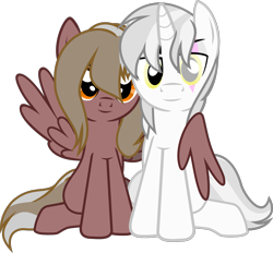 Size: 1231x1143 | Tagged: safe, artist:lightningbolt, derpibooru exclusive, imported from derpibooru, oc, oc only, oc:copper crescendo, oc:silver sickle, pegasus, pony, unicorn, 2018 community collab, derpibooru community collaboration, .svg available, brother and sister, duo, female, hair over one eye, horn, hug, looking at you, male, scar, show accurate, simple background, sitting, svg, transparent background, vector, winghug, wings