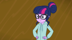 Size: 1280x720 | Tagged: safe, imported from derpibooru, screencap, sci-twi, twilight sparkle, equestria girls, the finals countdown, clothes, disappointed, female, glasses, hand on waist, hands on waist, hoodie, solo