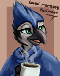 Size: 1214x1550 | Tagged: safe, artist:shumey, imported from derpibooru, oc, oc only, bird, blue jay, griffon, bluejay griffon, coffee, griffon oc, lidded eyes, morning, mug, naarkerotics, rise, solo, speech