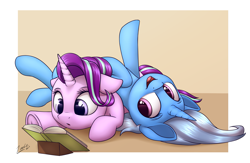 Size: 2529x1651 | Tagged: safe, artist:deltauraart, imported from derpibooru, starlight glimmer, trixie, pony, unicorn, book, cute, diatrixes, duo, female, frog (hoof), glimmerbetes, horn, mare, on back, open mouth, reading, smiling, underhoof