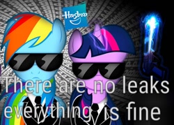 Size: 670x480 | Tagged: safe, artist:dan232323, edit, imported from derpibooru, rainbow dash, twilight sparkle, leak, 12/16/17, blatant lies, cropped, crossover, hasbro, lies, meanwhile at hasbro hq, men in black, ponies in black