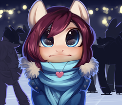 Size: 3000x2586 | Tagged: safe, alternate version, artist:aphphphphp, imported from derpibooru, oc, oc only, oc:tulip, oc:tulip (pandorasia), pony, :i, clothes, commission, ice rink, ice skates, ice skating, jewelry, necklace, scarf, solo focus, ych result