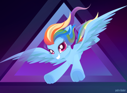 Size: 3484x2549 | Tagged: safe, artist:pedrohander, imported from derpibooru, rainbow dash, pegasus, pony, abstract background, female, flying, smiling, solo, spread wings, wings