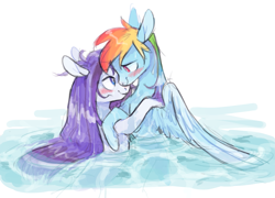 Size: 1565x1128 | Tagged: safe, artist:xenon, imported from derpibooru, rainbow dash, rarity, pegasus, pony, unicorn, blushing, female, lesbian, looking at each other, mare, raridash, shipping, simple background, smiling, swimming, water, wet, wet mane, white background