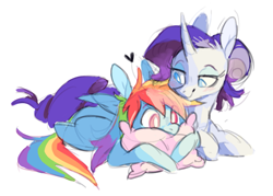 Size: 1253x895 | Tagged: safe, artist:xenon, imported from derpibooru, rainbow dash, rarity, pegasus, pony, unicorn, donkey ears, duo, ear fluff, female, heart, lesbian, mare, pillow, prone, raridash, shipping, simple background, smiling, white background