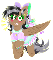 Size: 2889x3223 | Tagged: safe, artist:vanillaswirl6, imported from derpibooru, oc, oc only, oc:artsong, pegasus, pony, blushing, bow, bracelet, clothes, colored eyelashes, colored pupils, cute, dress, ear piercing, earring, embarrassed, female, gift art, girly, hair bow, jewelry, looking at you, mare, necklace, open mouth, piercing, raised hoof, ruffles, sharp teeth, simple background, solo, sparkles, teeth, transparent background