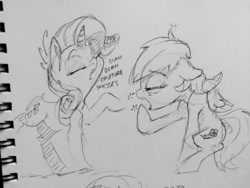 Size: 1280x960 | Tagged: safe, artist:dilarus, deleted from derpibooru, imported from derpibooru, rainbow dash, rarity, pegasus, pony, unicorn, backwards cutie mark, dialogue, duo, female, grayscale, mare, monochrome, pencil drawing, tired, traditional art, yawn