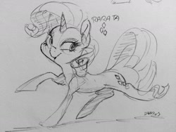 Size: 1280x960 | Tagged: safe, artist:dilarus, deleted from derpibooru, imported from derpibooru, rarity, pony, unicorn, female, grayscale, looking back, mare, monochrome, pencil drawing, sketch, solo, traditional art