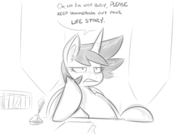 Size: 870x670 | Tagged: dead source, safe, artist:reiduran, imported from derpibooru, oc, oc only, oc:corona flare, pony, unicorn, bored, dialogue, ear fluff, female, grayscale, mare, monochrome, reaction image, solo