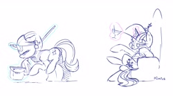 Size: 5180x2884 | Tagged: safe, artist:dilarus, deleted from derpibooru, imported from derpibooru, starlight glimmer, twilight sparkle, pony, unicorn, alcohol, clothes, cocktail glass, collaboration, crossed legs, duo, female, glowing horn, magic, maid, mare, martini, mop, partial color, raised hoof, simple background, sitting, sketch, telekinesis, white background