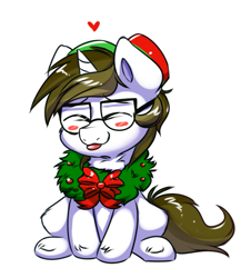 Size: 703x778 | Tagged: safe, artist:confetticakez, imported from derpibooru, oc, oc only, oc:sigmatau, pony, unicorn, chibi, christmas, cute, eyes closed, holiday, male, ocbetes, simple background, sitting, solo, stallion, tongue out, white background, wreath