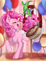 Size: 3000x4000 | Tagged: safe, artist:foxcarp, imported from derpibooru, gummy, pinkie pie, alligator, earth pony, pony, cake, chest fluff, cute, eyes closed, female, food, mare, open mouth, raised hoof, raised leg, smiling