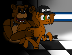 Size: 1982x1536 | Tagged: safe, artist:binary6, imported from derpibooru, oc, oc:binary6, pony, crossover, five nights at freddy's, freddy fazbear, security guard